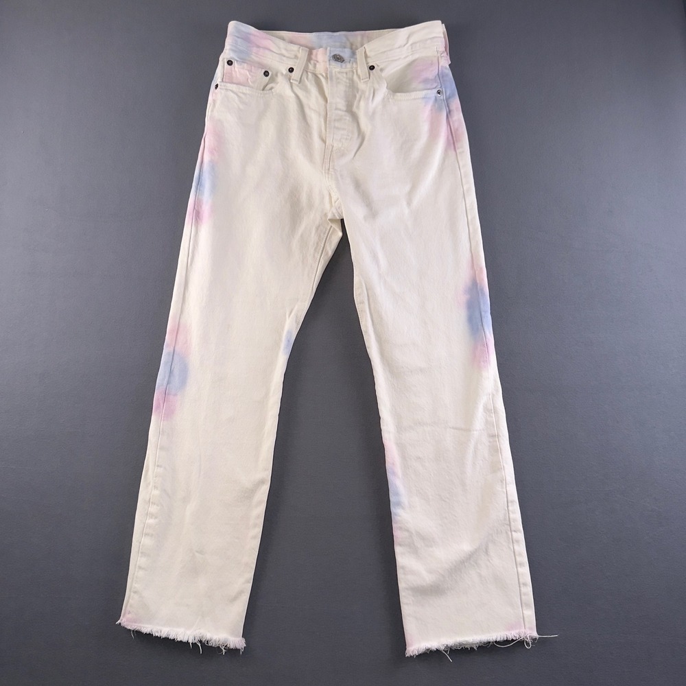 Levis 501 Original Fit Tie Dye White Pink‎ Blue Straight Leg Jeans Raw Hem 29x26